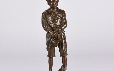 Charles Anfrie (French,1833-1905) 'Cruche Casèe' Bronze figure of a young boy holding a broken jug. Signed C Anfrie stamped with foundry seal for Sanson Hamburg and titled on front plaque. Circa 1890. Height 20cm.
