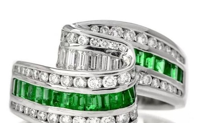 Charles Krypell Vintage Emerald Diamond Platinum Wave Band Ring