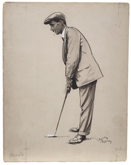 Charles Napier Ambrose, British 1876-1946- Braid; brush and black ink and wash heightened with white on grey coloured paper, signed, 29 x 22.7 cm: together with three other drawings/original artworks for illustration of golfers & golfing subjects...