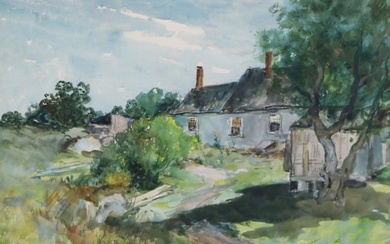 Charles P. Gruppe (1860-1940 CT) watercolor painting of cottage