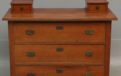 Chest of drawers, wood, 3 drawers and 2 small loose drawers with metal fittings.