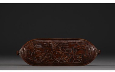 China - Carved wooden spectacle case decorated with characters and a village.