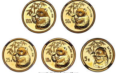 China: , People's Republic 5-Piece Certified gold "Small Date" Panda Set 1995 NGC,... (Total: 5 coins)