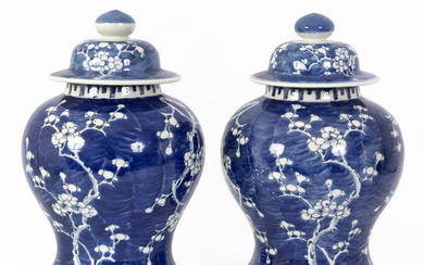 Chine, XIXe siècle Paire de potiches couvertes en porcelaine à décor en émaux bleu-blanc de...