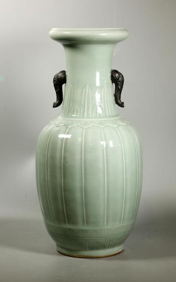 Chinese 19 C Carved Celadon Porcelain Vase