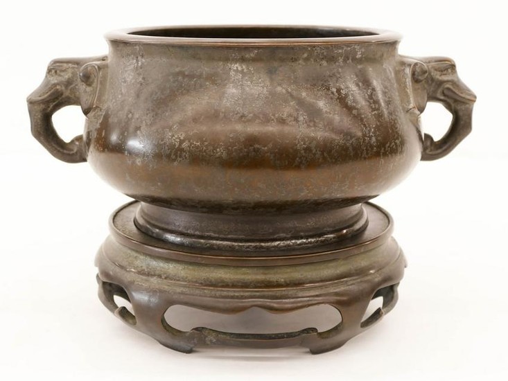 Chinese Bronze Elephant Handle Censer on Stand