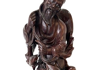 Chinese Carved Rosewood Wood Immortal Luohan Arhat Figure