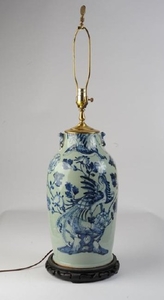 Chinese Celadon Blue & White Vase, Lamped