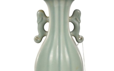 Chinese Celadon Glazed Vase - A four-sided vase with gadrooning. Celadon glaze with crackle. Two