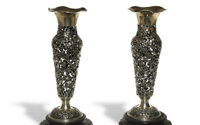 Chinese Export Silver, 2 Cut-Out Vases