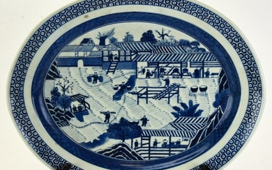 Chinese Hand Painted Blue & White Oval Platter