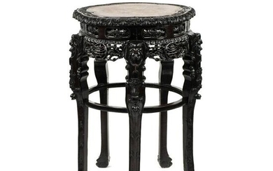 Chinese Rosewood Carved Marble Top Pedestal Table