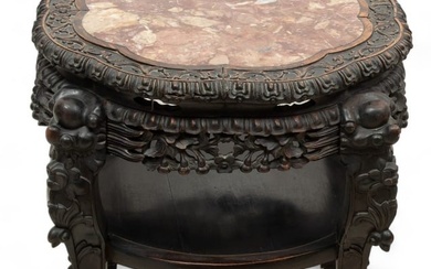 Chinese Rosewood & Rouge Marble Top Table, Ca. 1900, H 22" Dia. 22"