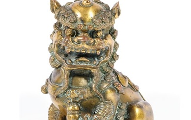 Chinese gilt bronze, patinated foo dog guardian statue. 6 1/2" x 6" x 7"