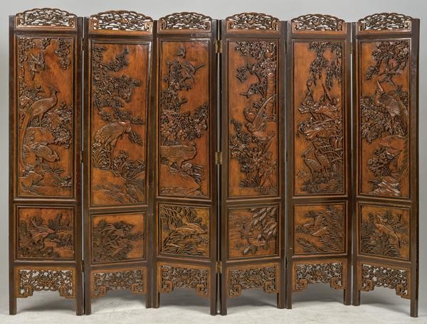 Chinese six-sheet folding screen made of carved wood