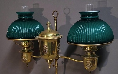 Circa 1880's Brass Double Student Oil Lamp w/Green Shades