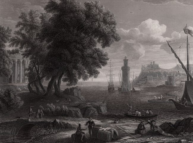 Claude LORRAIN 1800s Engraving Coastal Scene with Lighthouse FRAMED Signed
