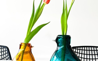 Cloudnola - Vase - Set of 2 - Cloudnola Art Glass Bird Vases - Amber Yellow & Turquoise - Glass