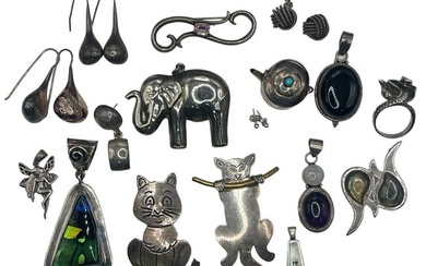 Collection Assorted Postmodern Mostly Sterling Silver Jewelry