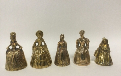 Collection de 5 clochettes de table en bronze doré figurant des femmes en robe, H....