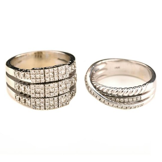 Collection of Two Diamond, 14k White Gold Rings.