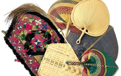 Collection of woven Ethnic rigid fans, and a fly whist