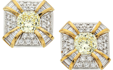 Colored Diamond, Diamond, Platinum, Gold Earrings Stones: Square radiant-cut...