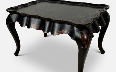 Contemporary French Style Black Lacquer and Gold Painted Low Table