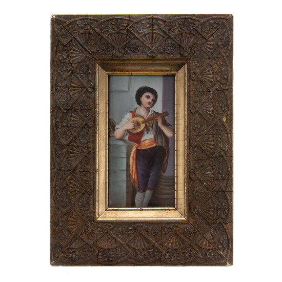 Continental Painted Porcelain Plaque of Musician