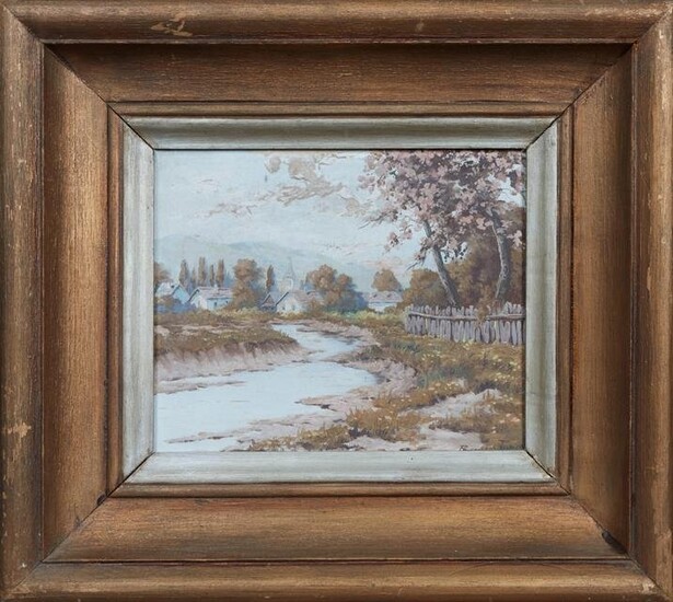 Continental School, "River by a Village," 20th c., oil