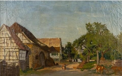 DRÜCK, HERMANN (Vaihingen/Enz 1856-1931), "Fachwerkhäuser an einem Dorfanger"