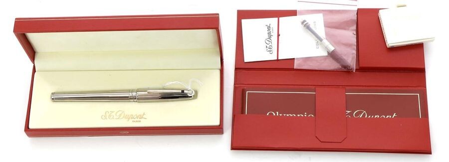 DUPONT - 18 carat gold fountain pen, "Olympio" model, mint condition, with original box, case with papers, box containing 3 cartridges (purchase value about 1000 €)