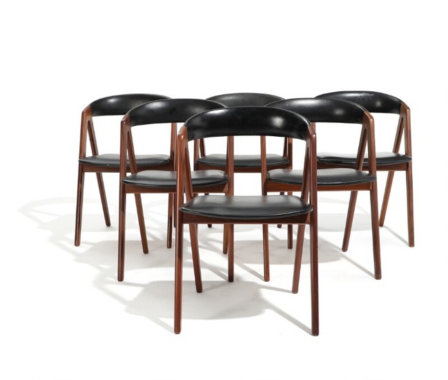 Danish furniture design: A set of six teak chairs, upholstered in seat and back with black artificial leather. 1960s. (6)