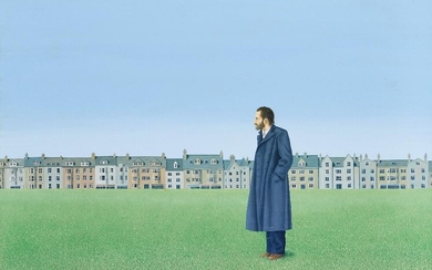 David Cheepen, British 1946-2016 - Man on a green with buildings behind, 1983; acrylic on board, signed and dated lower left, 'D.Cheepen.2.5.1983', 29.5 x 39.5 cm (ARR) Provenance: Portal Gallery, The Geoffrey and Fay Elliot Collection, purchased...