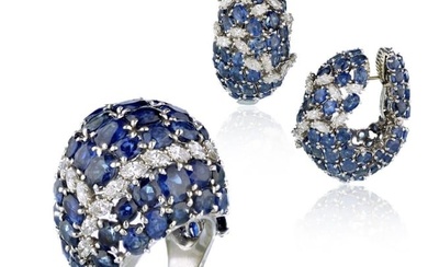 David Webb Platinum Sapphire & Diamonds Earrings And Ring Jewelry Set