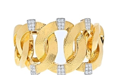 David Webb Platinum & 18K Yellow Gold Athena Hammered Diamond Open Link Cuff Bracelet