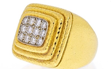 David Webb Platinum & 18K Yellow Gold Pave Diamond Hammered Tiered Ring