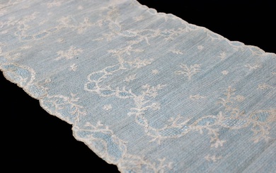 Deux pans de manteau de cour en Argentan, XVIIIème siècle, présenté sur soie bleue, 2m28...