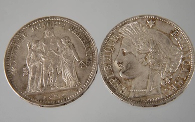 Deux pièces d'argent France 5 Francs 1848, avers groupe d'Hercule, vz avec minimes défauts marginaux...