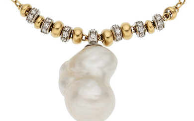 Diamond, Freshwater Cultured Pearl, Gold Necklace The necklace features...