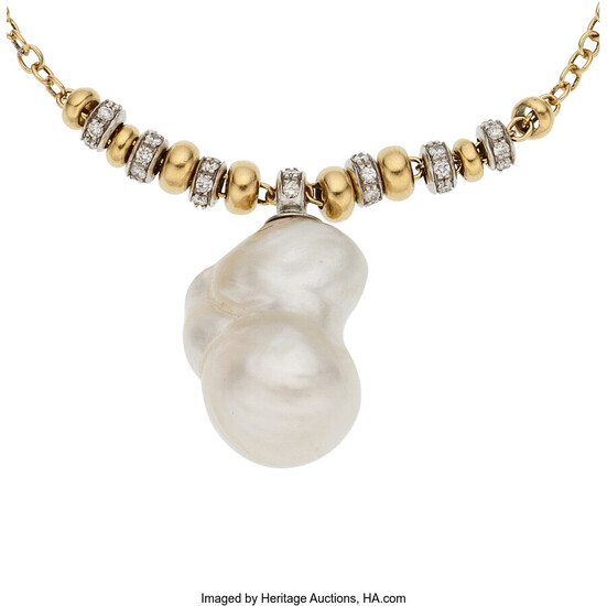 Diamond, Freshwater Cultured Pearl, Gold Necklace The necklace features...