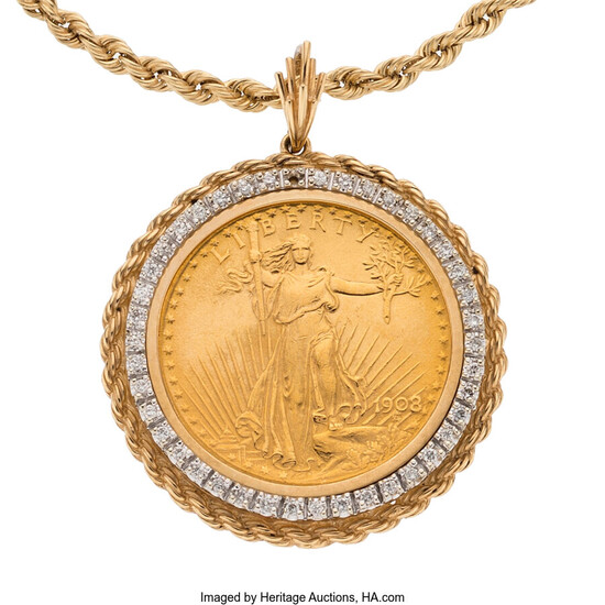 Diamond, Gold Coin, Gold Pendant-Necklace The pendant features a...