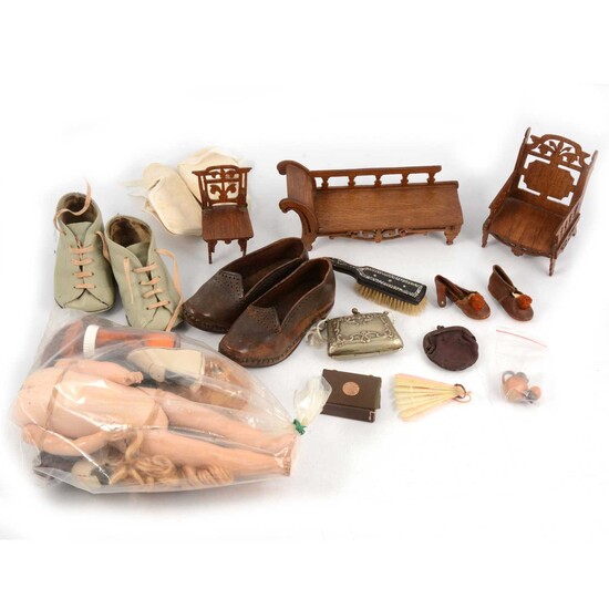 Dolls and Dolls house accessories; including pair of Victorian child's shoes