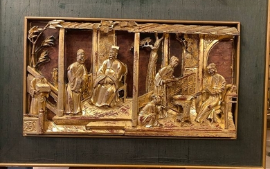 Dongyang's large three-dimensional gilded carving framed - gold lacquered - Wood - Emperor and court scenes - China - Republic period (1912-1949)