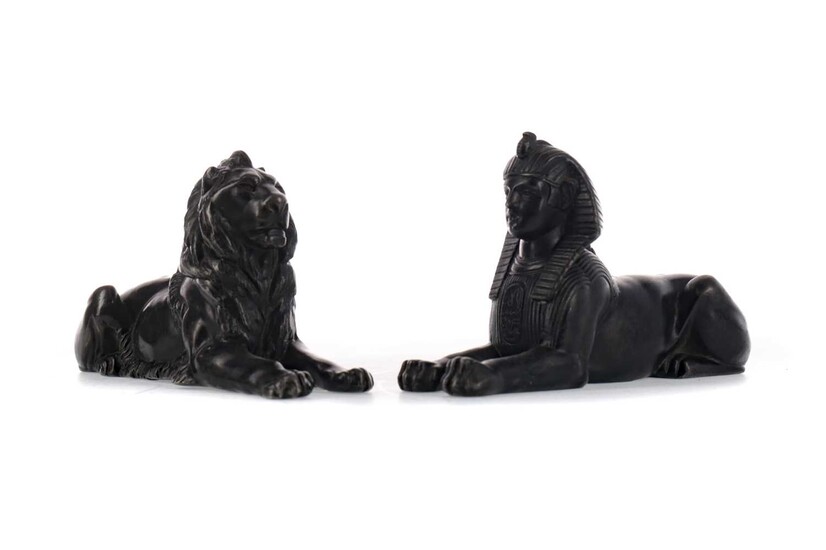 EARLY 20TH CENTURY BRONZED SPELTER FIGURES OF A LION AND A SPHINX