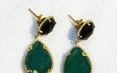 EARRINGS, green and black precious stones, 925/silver gold plated.