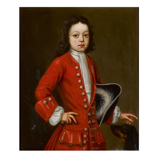 ENGLISH SCHOOL, 18TH CENTURY | A BOY IN A RED COAT PETTING HIS DOG