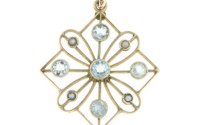 Early 20th century 9ct gold aquamarine & split pearl openwork pendant