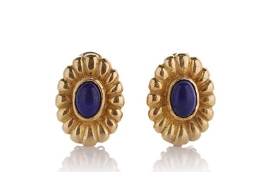 Earrings 18kt gold flower-shaped set with lapis lazuli