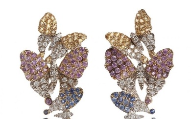 Earrings in 18kt white gold, diamonds, blue, pink and yellow sapphires.